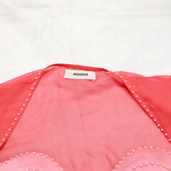 Danielle Guizio Long Sleeve Pearl Trim Top In Punch Silk Size XS - Picture 6 of 14